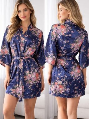 Sapphire Blue Pink Satin Robe Floral Kimono Belt Tie Front Lingerie Romance